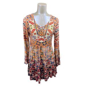 Altar'd tribal print medium v neck lace up bell flare sleeve a line dress